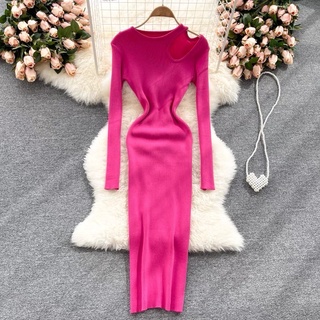 Đầm tay dài khoét vai ôm body, đầm body dài tay khoét một bên vai, đầm maxi thun len tăm