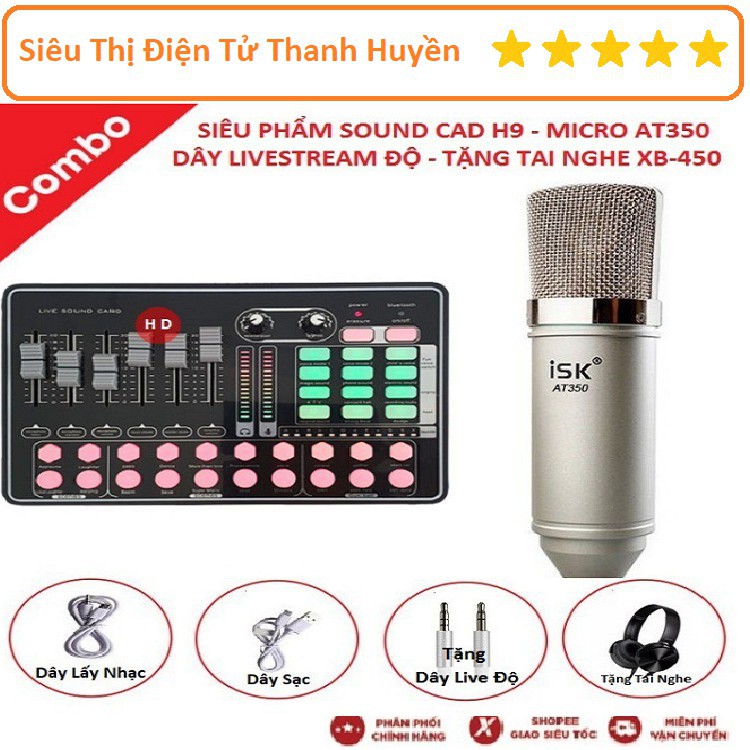 Mua ngay Combo Soundcard h9 Bluetooth, Micro AT350 Thu Âm - Tặng Dây livestream Độ - Tặng Tai Nghe XB-450 [Freeship 10k]