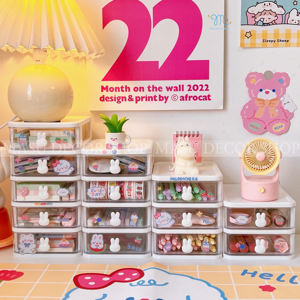 🌈 Kệ để bàn có ngăn kéo decor hình bé thỏ phong cách Hàn Quốc