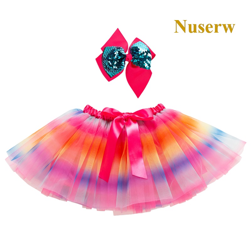 Chân Váy Xòe Tutu Nhiều Lớp Màu Cầu Vồng Thắt Nơ Cho Bé Gái