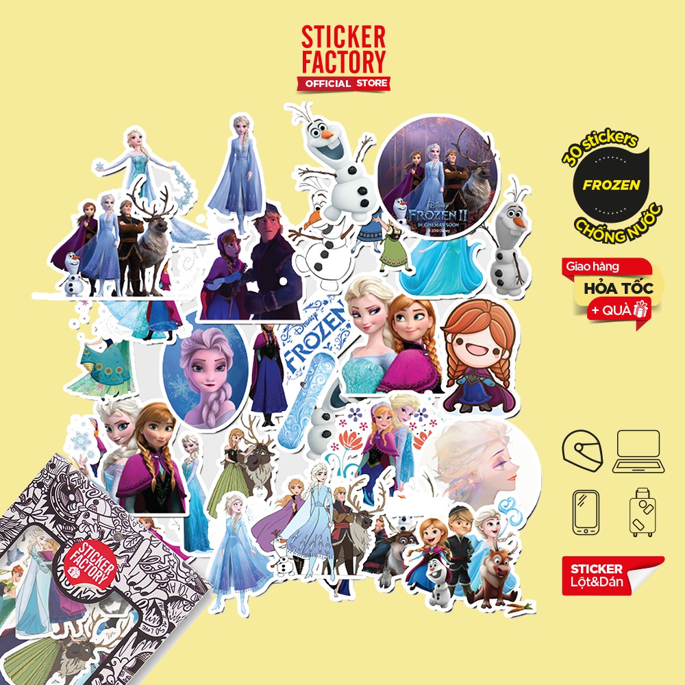 Hộp set 30 sticker decal hình dán nón bảo hiểm , laptop, xe máy, ô tô STICKER FACTORY - Frozen