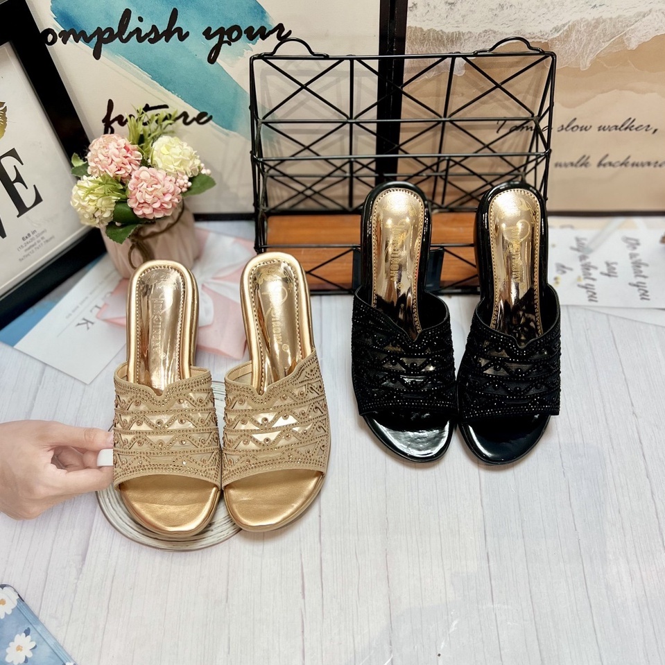 Dép Trung Niên Đính Xoàn Quai Ngang  Dép Đi Tiệc Cao Cấp 602 603 605 607