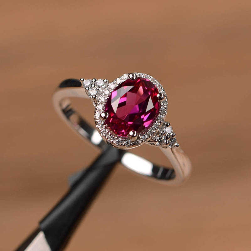 Nhẫn Mạ Bạc Đính Đá Ruby Nhân Tạo Hình Oval Thời Trang Cho Nữ