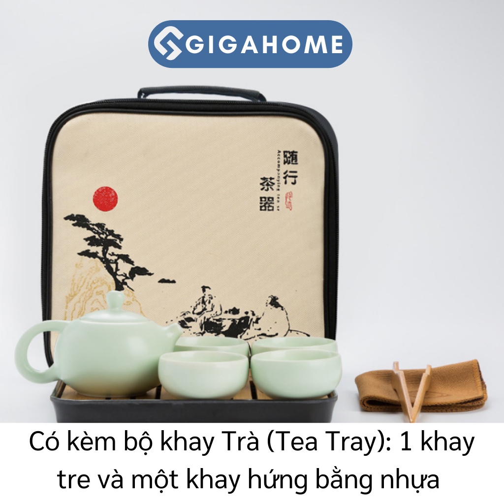 Bộ Ấm Pha Trà Gốm Sứ 4 Chén Du Lịch Tráng Men GIGAHOME Cao Cấp Kèm Khay, Kẹp, Túi Đựng 9984