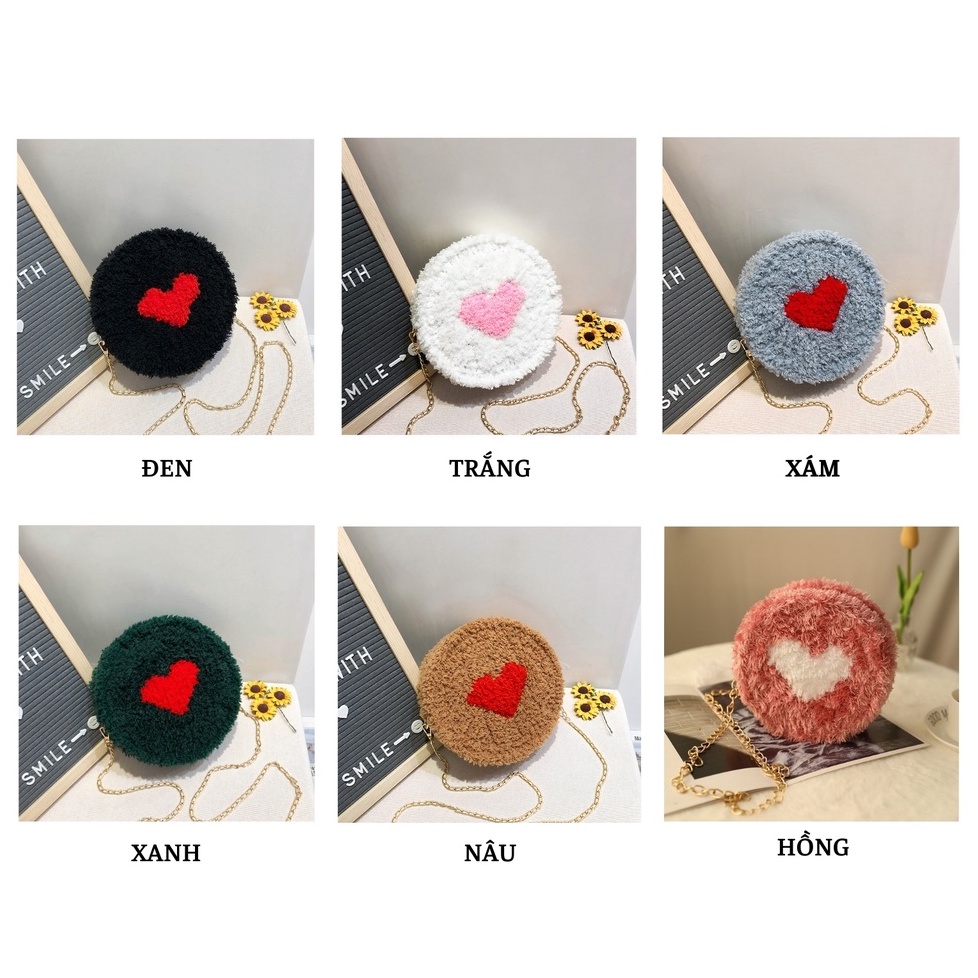 Túi đeo chéo tự đan handmade thời trang len xù phối trái tim - Phụ kiện đan túi HAVAKI