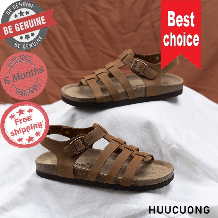 Sandal HuuCuong chiến binh da bò nâu đế trấu, hàng chính hãng, da bò thật, chịu nước