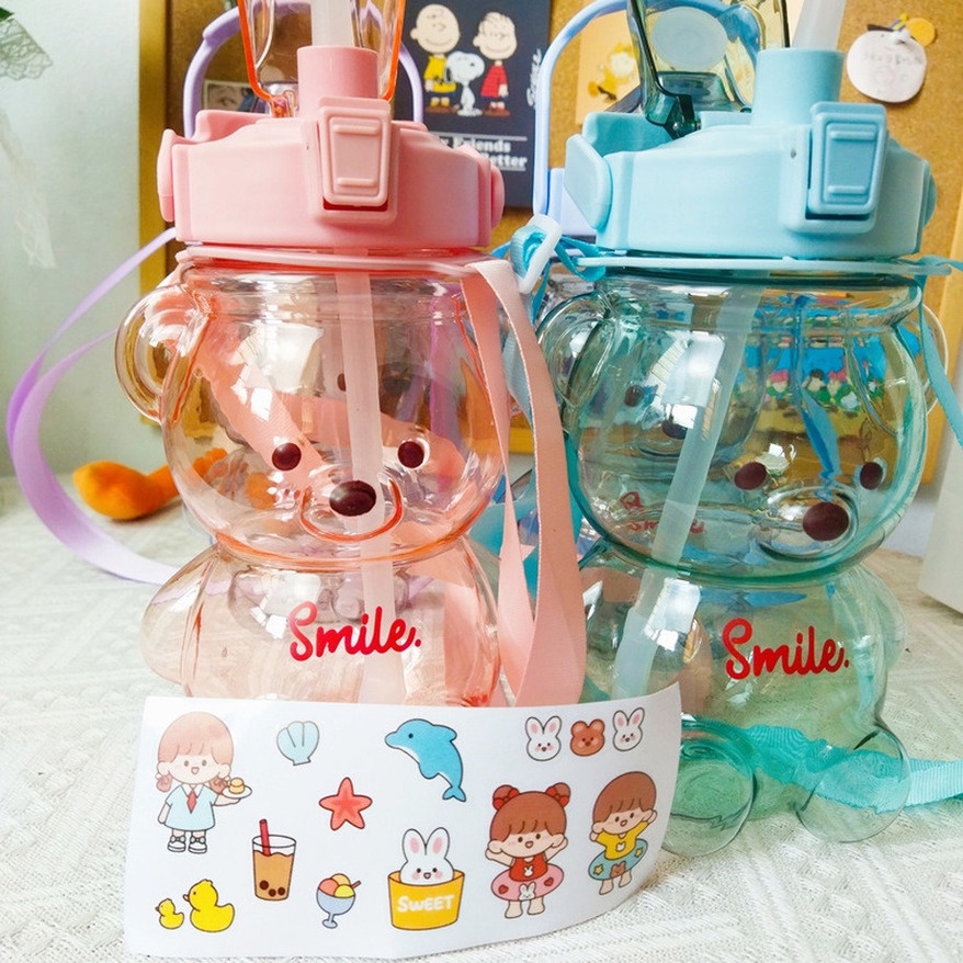 Bình nước gấu SMILE siêu đáng yêu kute dung tích 1000ML có dây đeo tiện ích kèm sticker