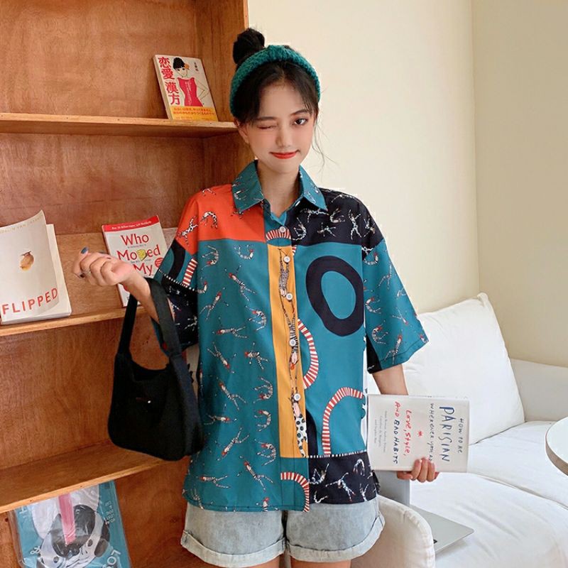 áo sơ mi nữ tay ngắn hàn quốc in họa tiết cực xinh