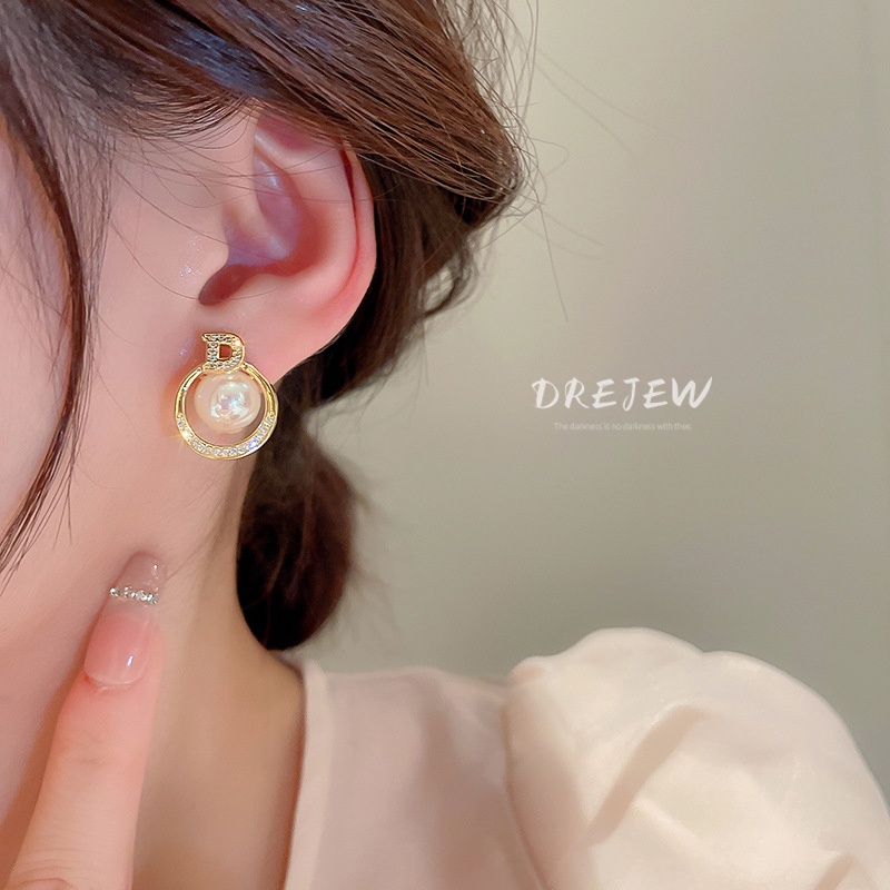 DREJEW Khuyên tai mạ vàng/ bạc đính đá zircon chữ nàng tiên cá ngọc trai cao cấp phong cách Pháp