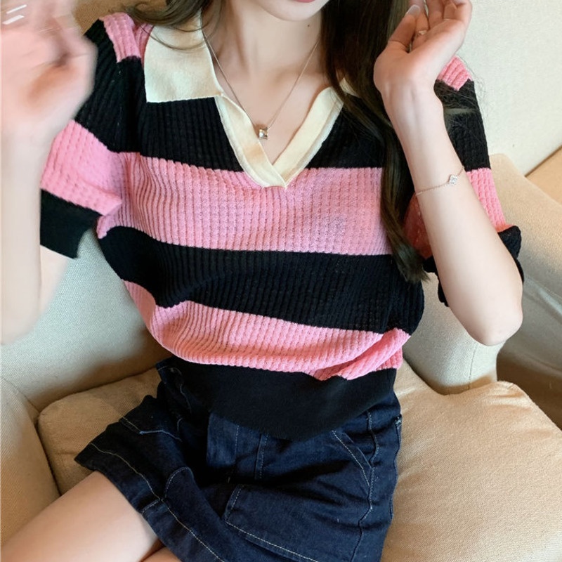 Áo Polo Dệt Kim Kẻ Sọc Kiểu Retro Cá Tính 185754 Áo Thun Ngắn Tay Thời Trang Trẻ Trung Cá Tính Kiểu Hàn Quốc