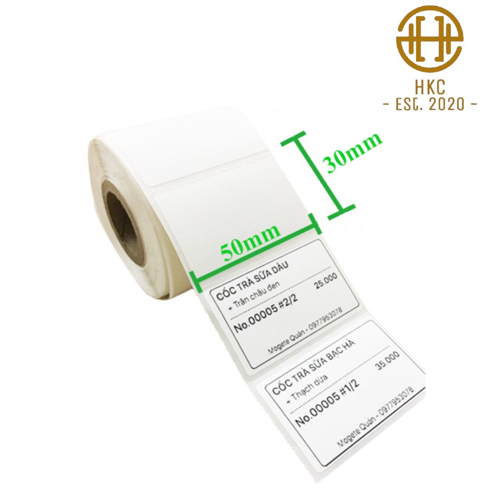 Giấy In Mã Vạch 2 Tem 50x30 mm In Nhiệt (Cuộn 30 Mét)