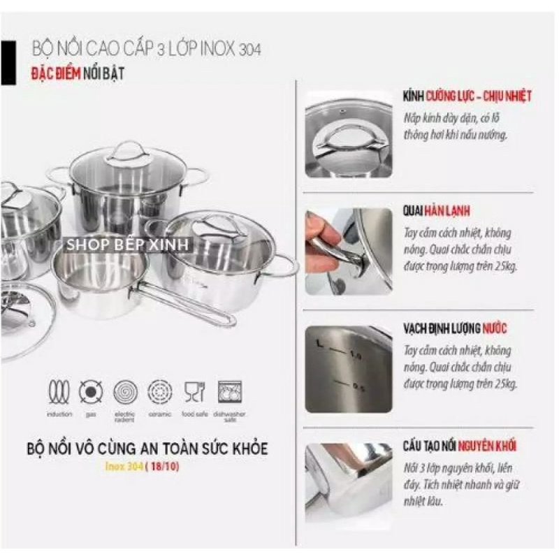 BỘ .4 nồi inox FIVESTAR plus oval cao cấp nắp kiếng (16/18/20/24cm)  HÀNG CHÍNH HÃNG BẢO HÀNH 5 NĂM