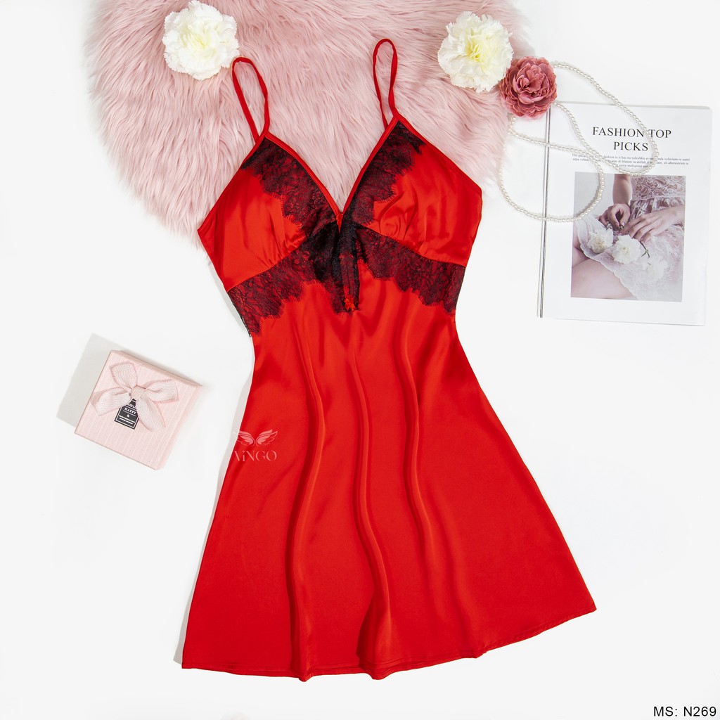 VINGO Váy Đầm Ngủ Nữ Lụa Pháp Cao Cấp 2 Dây Màu Đỏ Phối Ren Đen Sexy N269DT VNGO | BigBuy360 - bigbuy360.vn