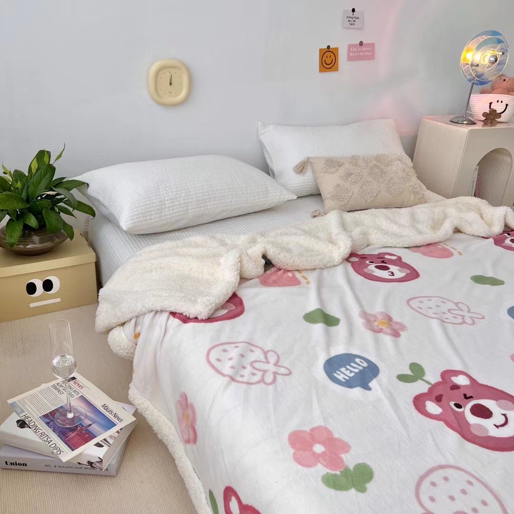 Chăn Lông Cừu Hoạ Tiết Xinh Xắn Dễ Thương Ấm Áp, Chăn Lông Cừu Họa Tiết Vintage Siêu Ấm Kích Thước 2mx2m3