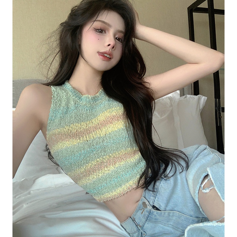 Áo Dệt Kim Sát Nách Kẻ Sọc Màu Cầu Vồng Thời Trang Cho Nữ