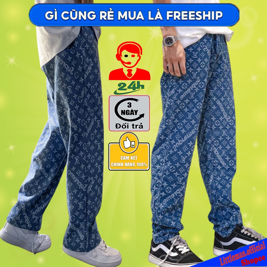 Quần LV Quần jean baggy LV-SPO, LV_3s, LV_GC Ống Suông, Rộng Nam, Nữ cá tính phối họa tiết - ống suông rộng màu xanh