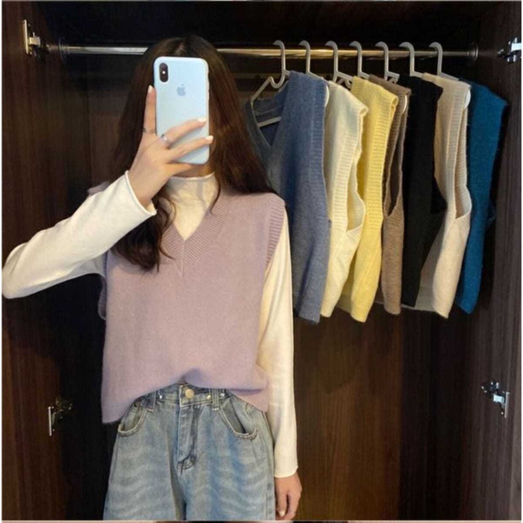 Áo Dệt Kim Không Tay Cổ Chữ V Màu Sắc Đơn Giản Phong Cách Hàn Quốc