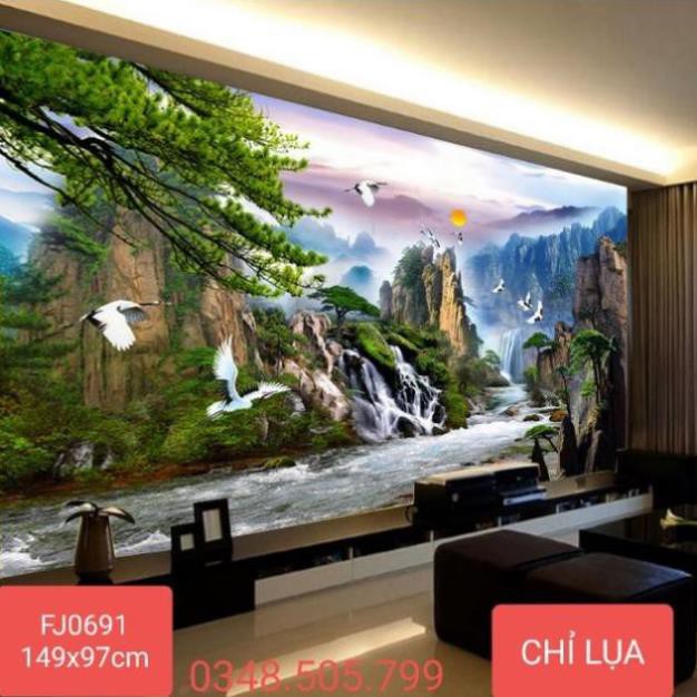 Sale Tranh thêu chữ thập CHỈ LỤA phong cảnh Lưu thủy sinh tài 149x97cm (195x126cm)