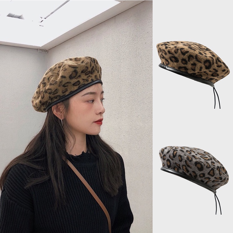 Nón beret họa tiết da báo phong cách Hàn Quốc cho nữ