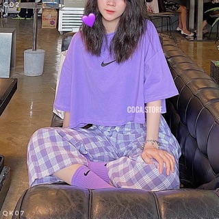 [C02 + QK07]💜SET áo crotop, quần suông kẻ caro tím SIÊU HOT (Có sẵn/ảnh thật)