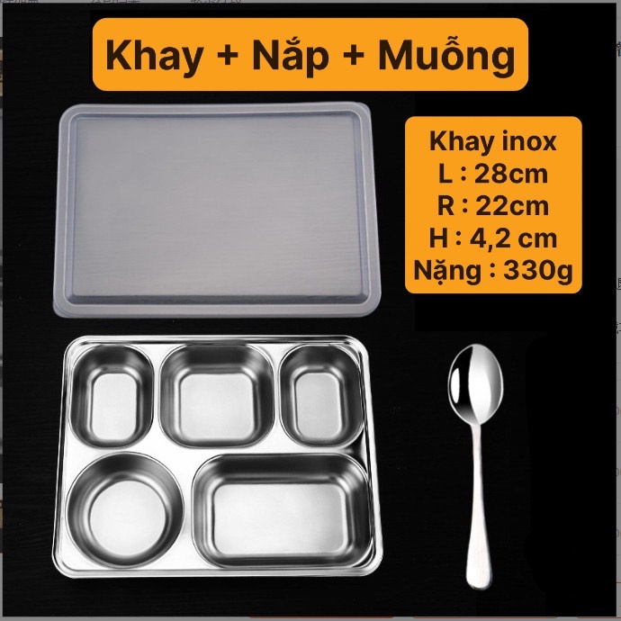 Khay cơm inox 5 ngăn cao cấp TẶNG KÈM MUỖNG INOX