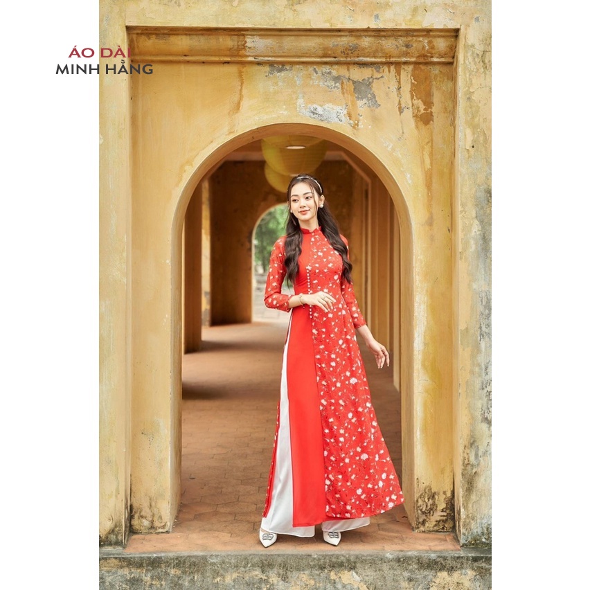 Áo Dài Cách Tân Hoa Nhí May Sẵn Thiết Kế Truyền Thống Cách Điệu Đính Đá Ngọc Cao Cấp Bigsize, Áo Dài Minh Hằng- MH003