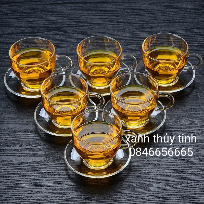 Bộ ấm pha trà thủy tinh nắp tre 1,6l + 6 chén có đĩa kê