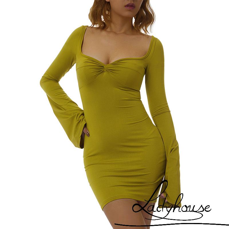 Đầm cổ vuông tay loe màu trơn quyến rũ cho nữ