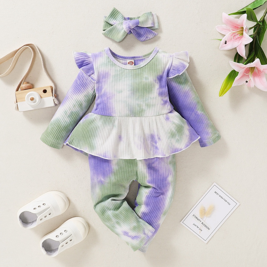 Bộ 3 món MIKRDOO Áo tay dài và Quần kèm Băng đô bằng cotton dành cho bé gái sơ sinh/ tập đi