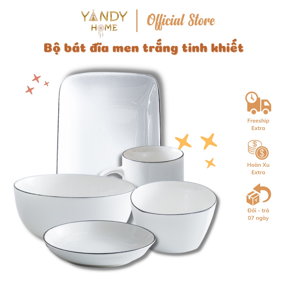 Bát đĩa gốm sứ YANDY HOME BB07 men trắng bóng viền đen trang sọng