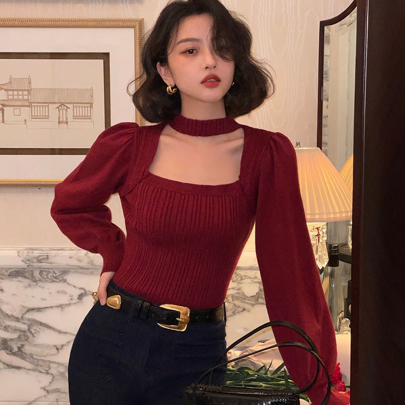 Áo Sweater Cổ Vuông Tay Phồng Phong Cách Retro Pháp Thời Trang Mùa Đông Mới Cho Nữ