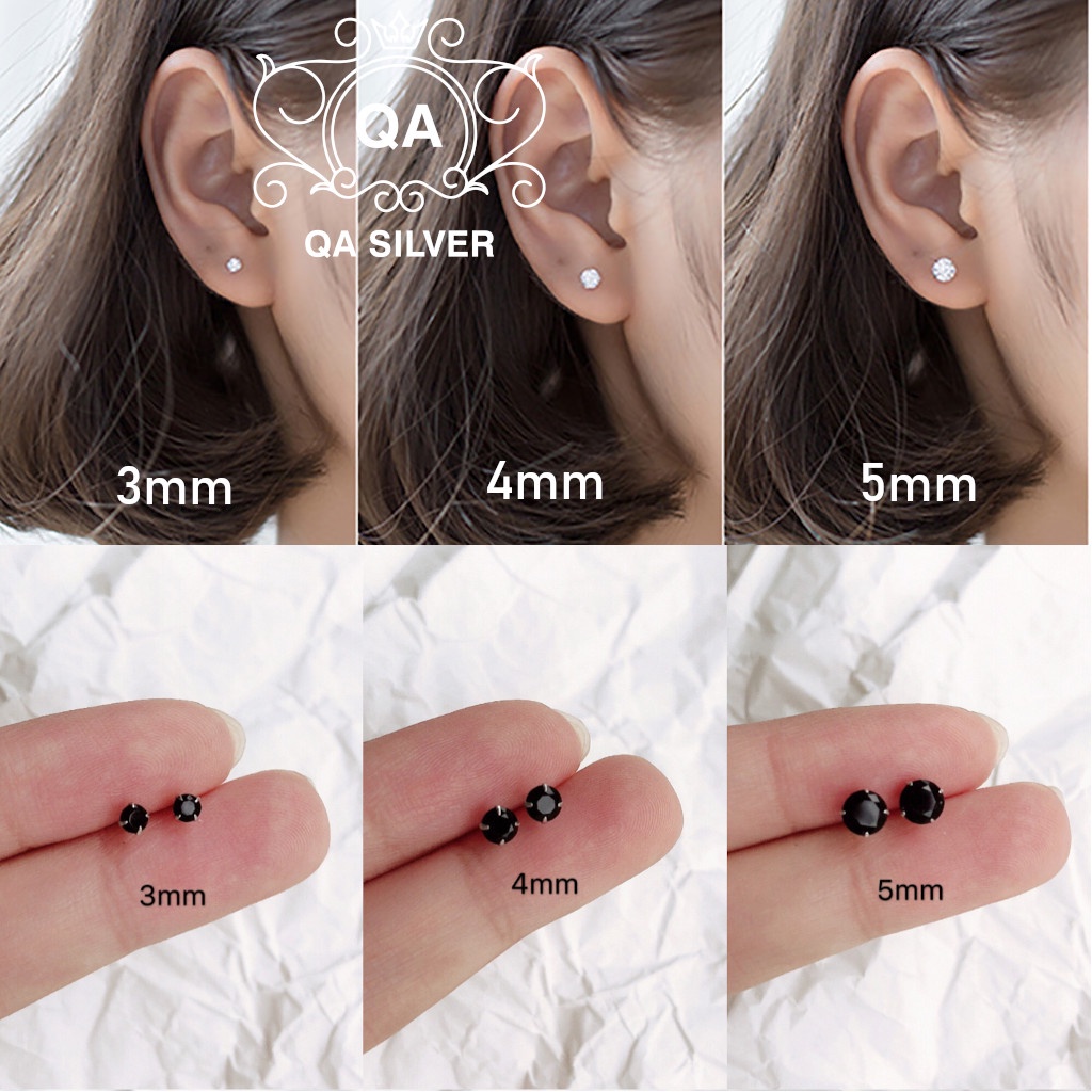 Khuyên tai nụ bạc 925 đính đá 4 chấu bông bạc trơn tối giản đen trắng S925 BASIC Silver Earrings QA SILVER EA170801