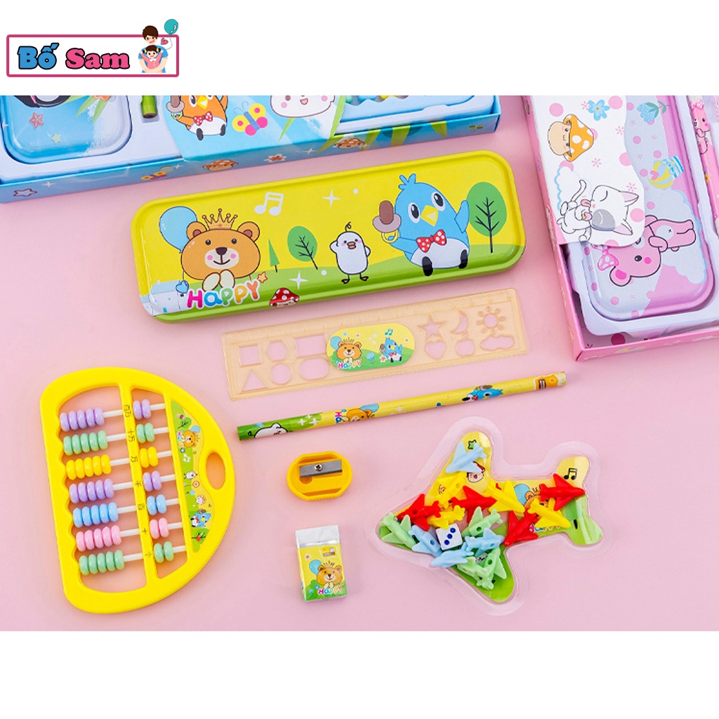 Bộ dụng cụ học tập 8 chi tiết hộp bút, thước kẻ, bàn tính, tẩy, bút chì cute Shop Bố Sam
