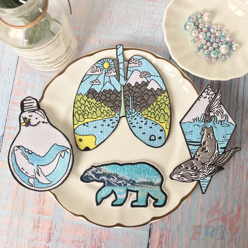 ☸ Ins - Blue Ocean : Bear / Whale / Lung Iron-on Patch ☸ 1Pc/4Pcs DIY Sew on Iron on Badges Patches