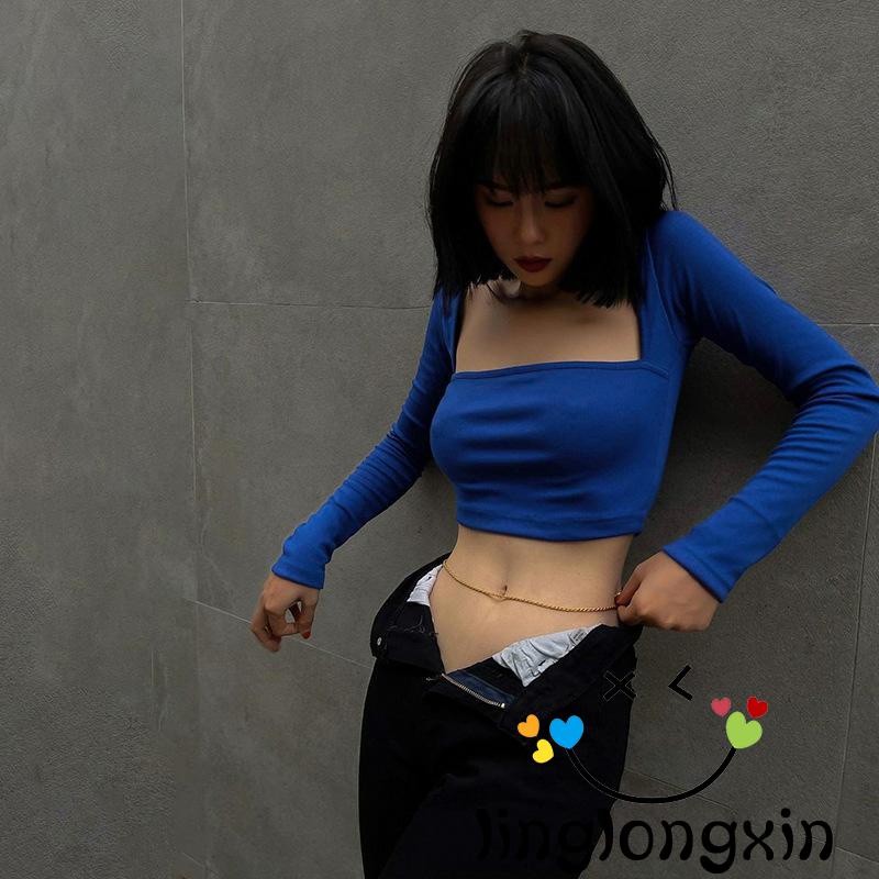 Áo Croptop Tay Dài Cổ Vuông Màu Trơn Dáng Ôm 2 Lớp Màu Đen / Xanh Lá / Xanh Dương Cho Bạn Gái