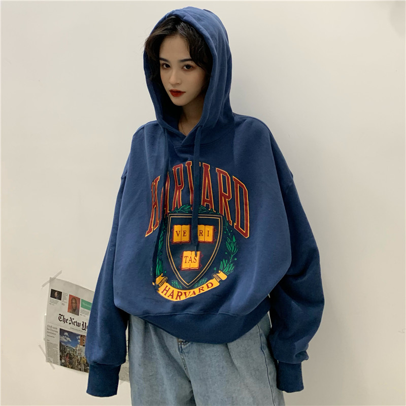 Áo hoodie tay dài dáng rộng in họa tiết duyên dáng phong cách mùa thu
