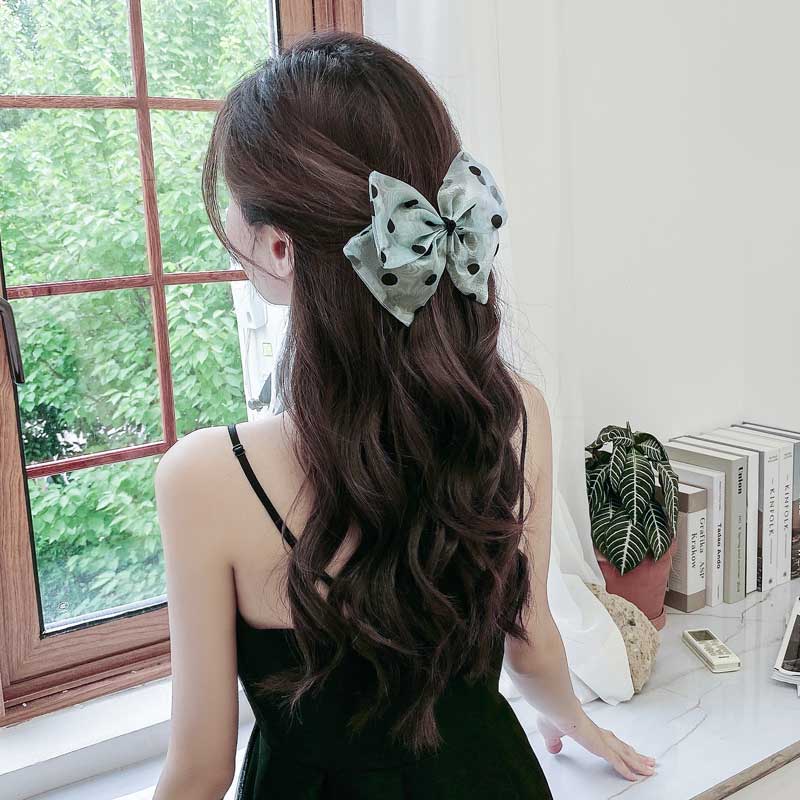 Kẹp Tóc Nơ Lớn Họa Tiết Chấm Bi Phong Cách Hàn Quốc