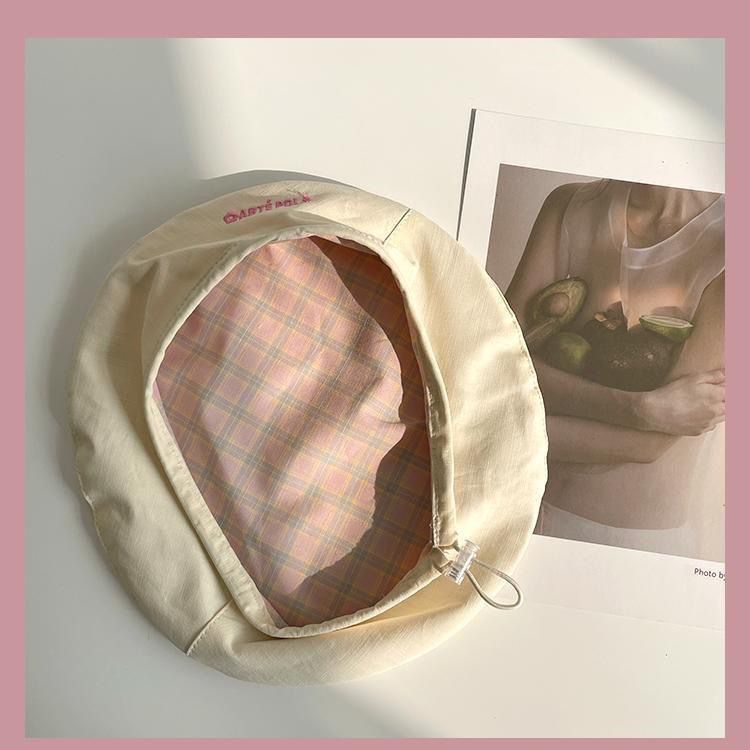 Mũ Beret Hai Mặt Họa Tiết Sọc Caro Thêu Chữ Cao Cấp Thời Trang