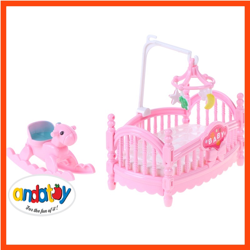 Bộ giường ngủ và ngựa gỗ mini cho búp bê barbie phụ kiện trang trí nhà búp bê ANDATOY AD948