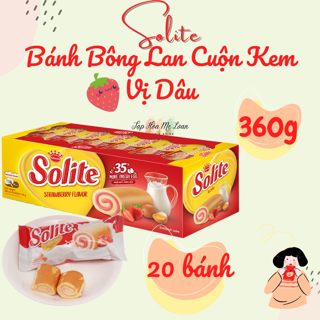 Bánh Bông Lan Cuộn Kem Vị Dâu/Lá Dứa/Bơ Sữa/Socola Solite Kinh Đô 360g - Hộp 20 Cái