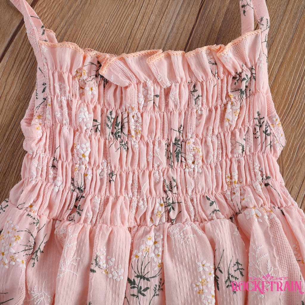 Set 2 Món Áo Liền Quần Họa Tiết Hoa + Băng Đô Nơ Cho Bé Gái