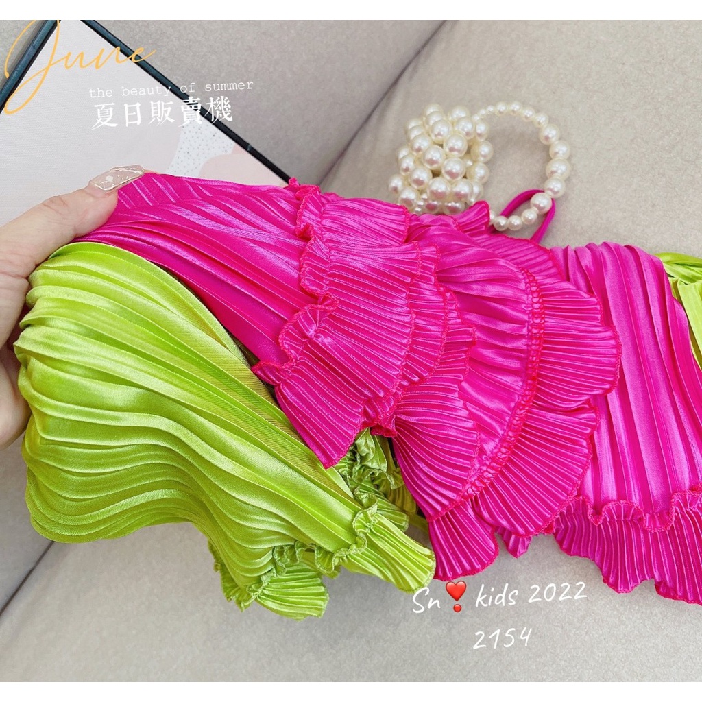 Đầm maxi đi biển, set váy cho bé gái dập ly vải lụa chi cốt xịn xò size 10-35kg