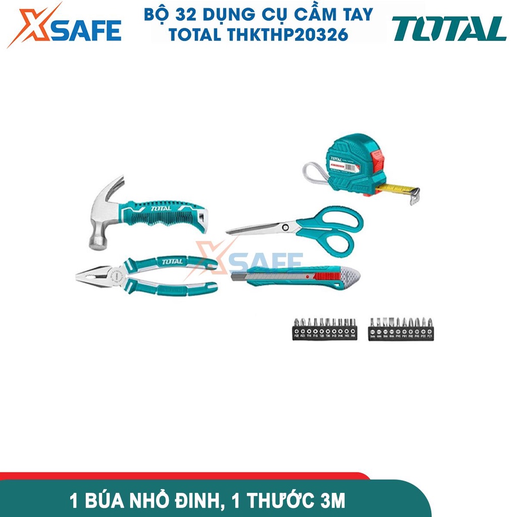Bộ 32 dụng cụ cầm tay TOTAL THKTHP20326, hộp đựng 17inch gồm kềm, mỏ lết, tua vít, búa, khung cưa, kéo, thước cuộn...
