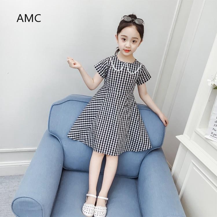 Đầm caro tay ngắn cổ búp bê thời trang cho bé gái 3-14 tuổi