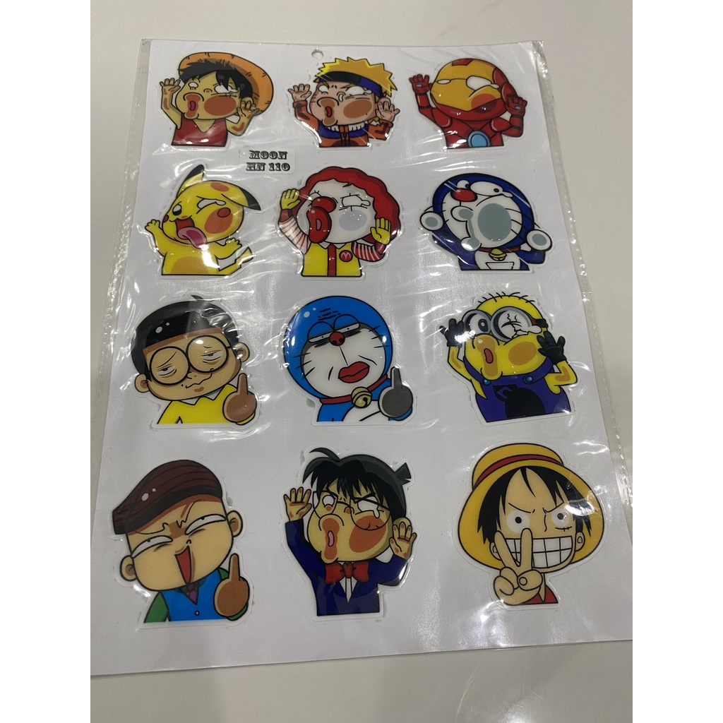 Nguyên tấm tem nổi nhiều logo one piece luffy doraemon doremon conan nobita pikachu iron man naruto hài hước ... sắc nét