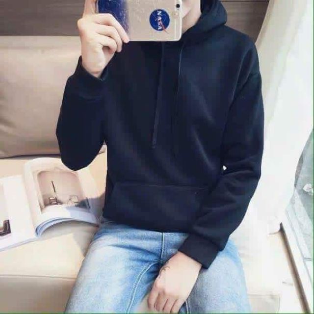 Hoodie nỉ basic đen tay dài túi bụng