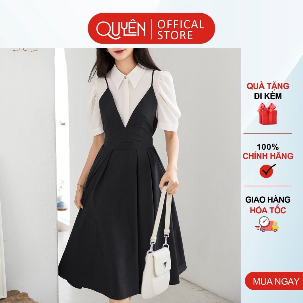 Đầm xòe công sở tay phồng kiểu hàn quốc Quyên Fashion DL262, váy sơ mi màu đen phối trắng