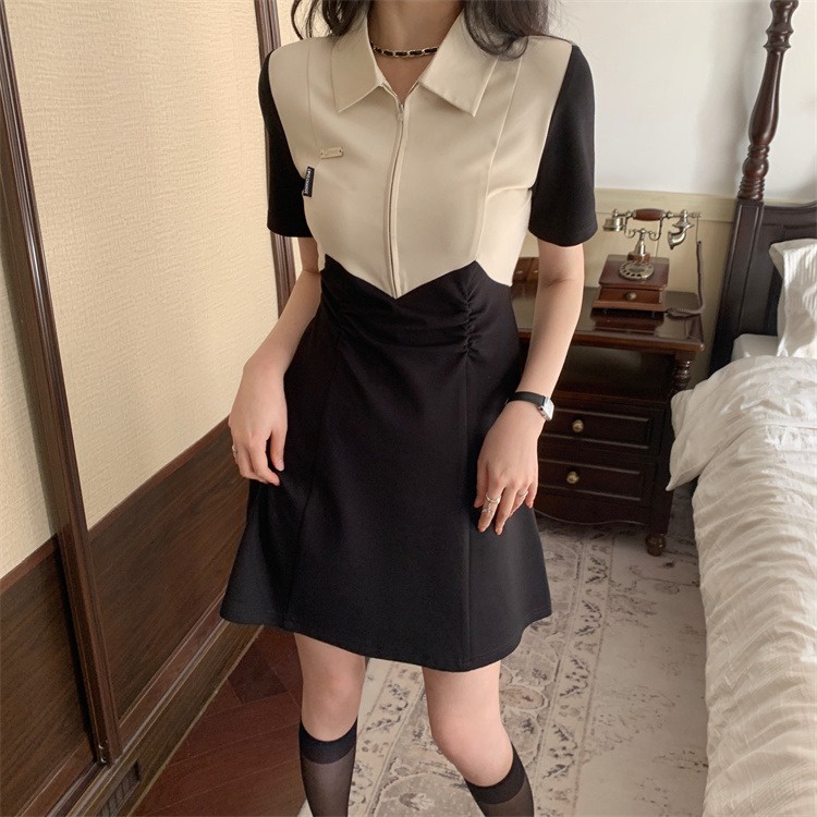 Đầm ZHELIHANGFEI ngắn tay cổ bẻ nhấn eo định hình dáng chất lượng cao