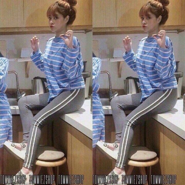 Quần legging viền hai sọc hình thật chụp sàn
