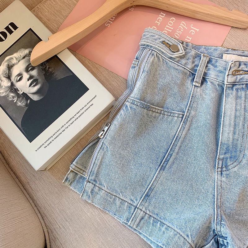 Quần Short denim Lưng Cao Phối Khóa Kéo Thời Trang Cho Nữ